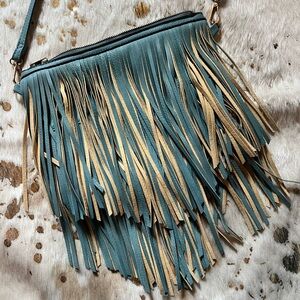 Fringe Crossbody Bag - Teal and Tan